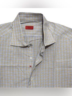 ISAIA NAPOLI Dress Shirt 17/43 Yellow Blue Check Red Coral Logo Made Italy EUC